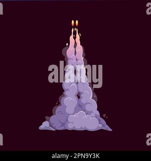 Cartoon rocket smoke trail. Vector contrail with fire and thick smog. Spacecraft startup, launch, shuttle take off in sky with flame and clouds. Isola Stock Vector