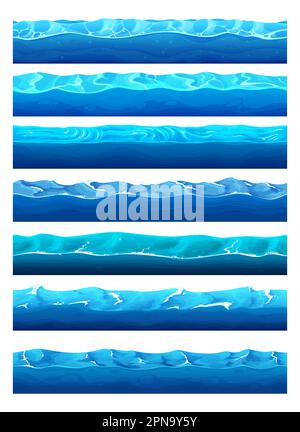 Cartoon game water surface with river, ocean or sea and lake waves, vector backgrounds. Marine game UI blue water waves pattern for level platform wit Stock Vector
