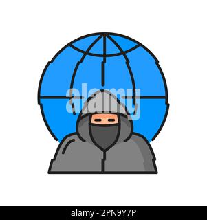 Hackers threat warning, man figure and terrestrial globe. Vector cyber criminal phishing stealing private personal data, anonymous hacker attacking Stock Vector