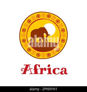 Africa icon. Elephant silhouette on sunset. African continent travel, Tanzania nature national park or Kenya tourism journey vector emblem, Nigeria wi Stock Vector