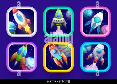 Cartoon space game app icons with rockets and spaceship, vector button frames. Galaxy adventure arcade game app icons for mobile application with spac Stock Vector