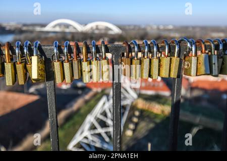 Novi Sad: locks in Varadin Bridge. Serbia Stock Photo
