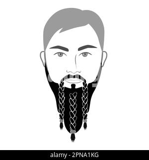 Viking Beard men braided or styled with beads, in face illustration Facial hair mustache. Vector grey black portrait male Fashion template flat barber. Stylish hairstyle isolated outline on white Stock Vector