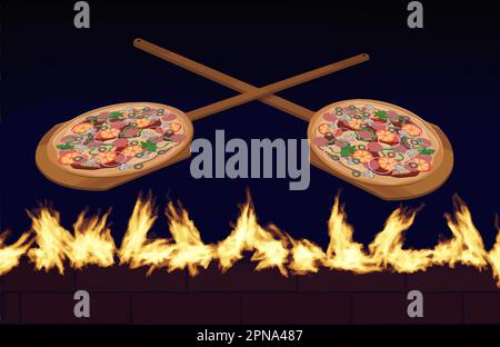Pizzas are on wooden pizza peels about to go into a brick fired pizza oven in this vector illustration. Stock Vector