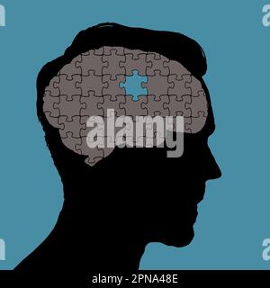 A damaged human brain is pictured as a jigsaw puzzle with a piece missing in a vector illustration. Stock Vector