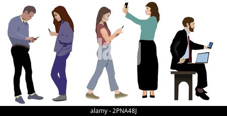 Five people are seen using cell phone in this vector image. Stock Vector