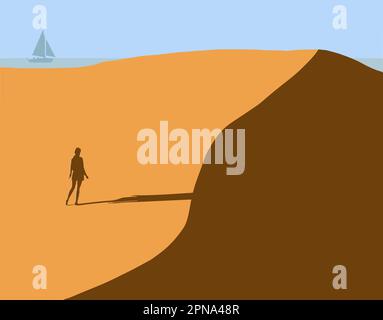 A woman is seen on a sand dune that is by a Lake Michigan shoreline in Northern Indiana in this vector illustration. Stock Vector