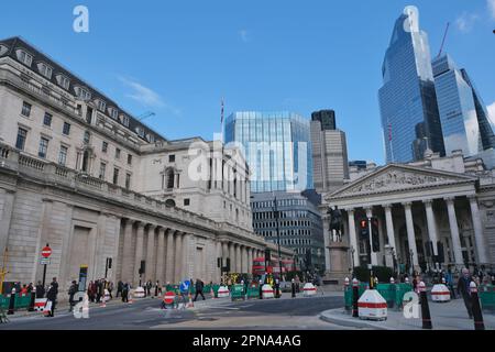 London, UK. A general view of the Bank of England, the Royal Exchange and the City of London skyscrapers in the background. Stock Photo