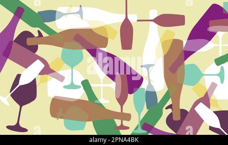 Flying bottles and wineglass make a colorful vector background image. Stock Vector