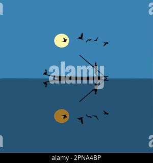 A fisherman in a longboat poles his way on the sea as pelican fly by at sunset in this vector illustration. Stock Vector
