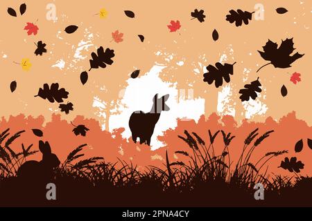A deer is seen in autumn with falling leaves, trees, grasses and a rabbit in a vector graphic design. Stock Vector