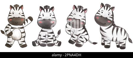 Zebra . Watercolor paint design . Set of cute animal cartoon character . Vector . Stock Vector