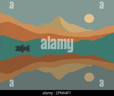 Ducks resting on a mountain lake are reflected in the water in a mountain landscape with a sinking sun in a vector image. Stock Vector