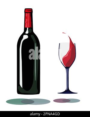 Wine splashes in a wine glass and is next to a bottle of red wine in a graphic art vector. Stock Vector