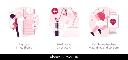 Electronic health records abstract concept vector illustration set. Big data in healthcare, smart card, health tracker wearables and sensors, patient care, personalized medicine abstract metaphor. Stock Vector