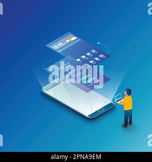 Isometric UI Flowchart. Mockup mobile application concept isometric flat design. Vector illustration. Stock Vector