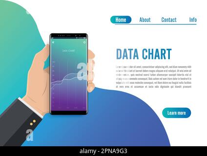 Market trend analysis on smartphone with line chart and graphs. Hand holds phone. Data chart concept. Flat design concept data marketing. Visualize wi Stock Vector
