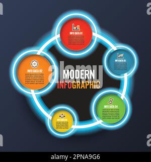 Abstract infographics neon options template. Vector illustration. Can be used for workflow layout, diagram, business step options, banner, web design. Stock Vector