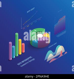 Isometric 3d business vector infographic with color diagrams and charts. Isometric colored infographic and diagram for information web design. Stock Vector