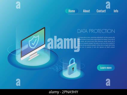 Isometric design concept web banner computer with full option security. Personal data security concept landing page. Stock Vector