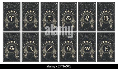 Set of 12 zodiac signs cards, astrology banner, golden hand drawing on black background, stories background, collection mystical illustration of horos Stock Vector