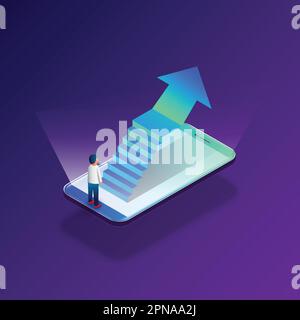 Businessman up stairway on smartphone. Concept business online marketing Stock Vector