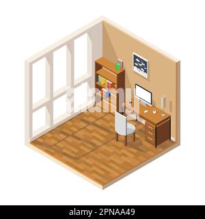 Vector isometric low poly room cutaway icon. Room includes furniture - working table with computer. Stock Vector
