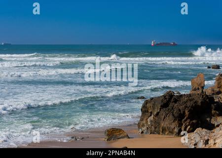 Oporto, Portugal. February 15, 2023. Atlantic Ocean and a beach with rocks in Oporto Stock Photo