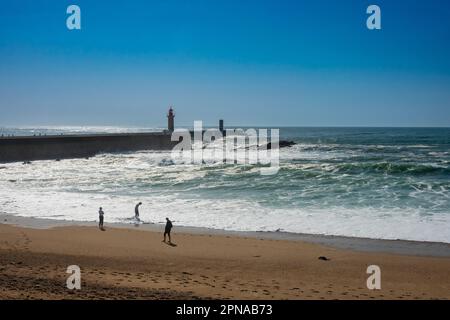 Oporto, Portugal. February 15, 2023. Atlantic Ocean and a lighthouse in Oporto Stock Photo