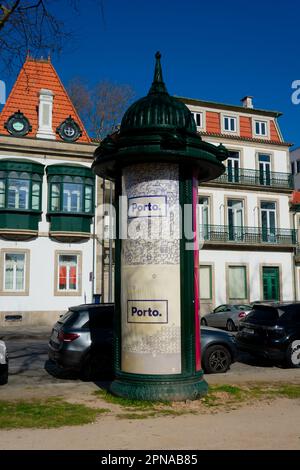 Oporto, Portugal. February 15, 2023. Advertising column with Oporto identity Stock Photo