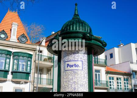 Oporto, Portugal. February 15, 2023. Advertising column with Oporto identity Stock Photo