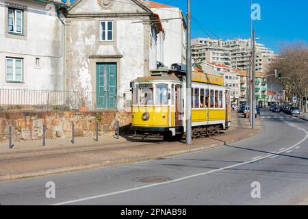 Oporto, Portugal. February 15, 2023. Old turistic tram in Oporto streets Stock Photo