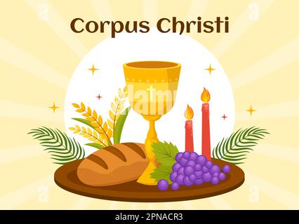 Corpus Christi Catholic Religious Holiday Vector Illustration with Feast Day, Cross, Bread and Grapes in Flat Cartoon Hand Drawn Poster Templates Stock Vector