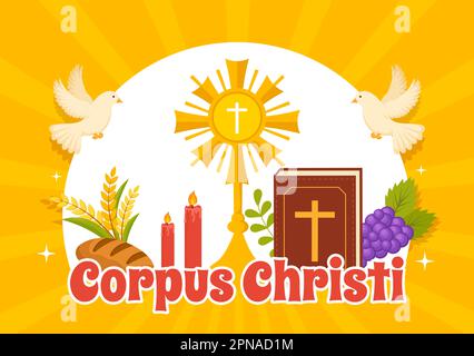 Corpus Christi Catholic Religious Holiday Vector Illustration with Feast Day, Cross, Bread and Grapes in Flat Cartoon Hand Drawn Poster Templates Stock Vector