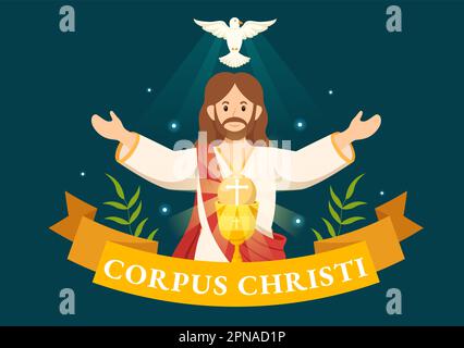 Corpus Christi Catholic Religious Holiday Vector Illustration with Feast Day, Cross, Bread and Grapes in Flat Cartoon Hand Drawn Poster Templates Stock Vector