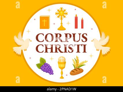 Corpus Christi Catholic Religious Holiday Vector Illustration with Feast Day, Cross, Bread and Grapes in Flat Cartoon Hand Drawn Poster Templates Stock Vector