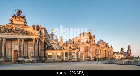 Panorama, the Bruehl Terrace in the first morning light, city view with Academy of Arts, Court Church and Residence Palace, Old Town, Dresden Stock Photo