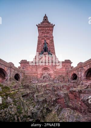 Kyffhaeuser Monument with equestrian statue of Emperor Wilhelm I and sandstone sculpture of Frederick I Barbarossa, Kyffhaeuser, near Bad Stock Photo