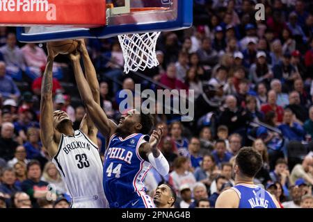 Philadelphia, United States Of America. 17th April, 2023. Philadelphia, United States of America, April 17th 2023: Nic Claxton (33 Nets) attempts to make a basket during game two of the National Basketball League first round playoff game between the Philadelphia 76ers and the Brooklyn Nets at the Wells Fargo Center in Philadelphia, Pennsylvania, United States (NO COMMERCIAL USAGE). (Colleen Claggett/SPP) Credit: SPP Sport Press Photo. /Alamy Live News Stock Photo