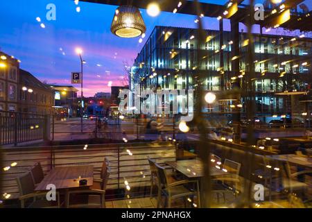 Restaurant Barfuesser, restaurant, inn, lights, lamps, lighting, evening mood, interior, windows, fairy lights, tables, chairs, cosy ambience Stock Photo