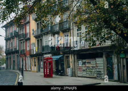 Porto, Portugal. March 2022 characteristic old telephone booth in the center of town. High quality photo Stock Photo