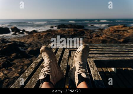 Porto Homem do Leme Beach Picturesque View with Walking People on a Sunny Blue Sky Day, portugal - sep 2022. High quality photo Stock Photo