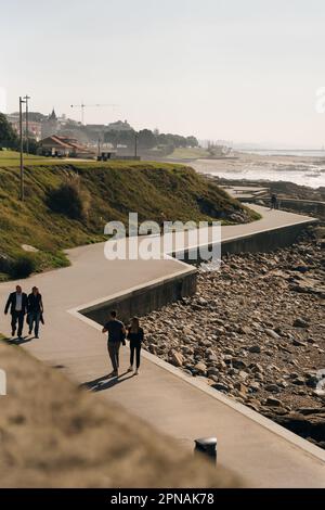 Porto Homem do Leme Beach Picturesque View with Walking People on a Sunny Blue Sky Day, portugal - sep 2022. High quality photo Stock Photo