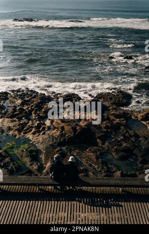 Porto Homem do Leme Beach Picturesque View with Walking People on a Sunny Blue Sky Day, portugal - sep 2022. High quality photo Stock Photo