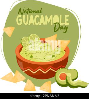 Guacamole. Mexican food. Traditional green sauce guacamole with nachos, avocado and and lime slices. Vector illustration. Colorful poster with Latin A Stock Vector