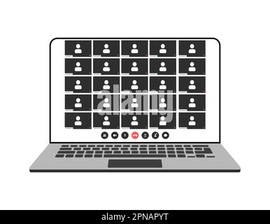 Videocall interface, video call screen icons and UI template for laptop, vector overlay. Video conference or videocall online chat mockup for laptop Stock Vector