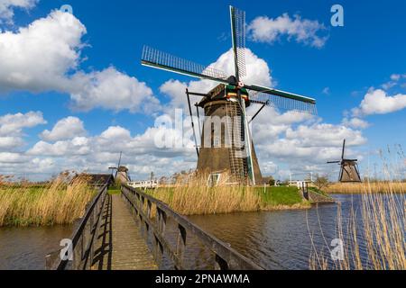 Kinderdijk windmills at Kinderdijk, a UNESCO World Heritage site near Rotterdam, Holland, Netherlands on a sunny Spring day in April Stock Photo