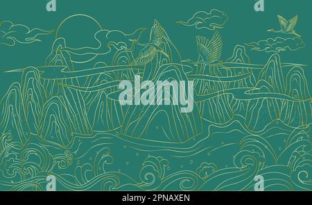 Vector illustration of line landscape painting in Chinese style Stock Vector