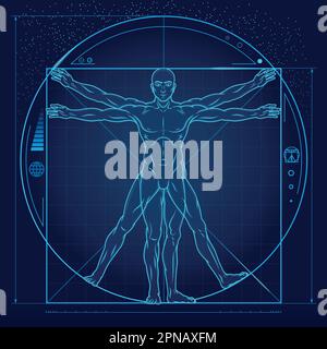 Vector design of cartoon style Vitruvian man, Study of the ideal proportions of the human body, Canon of human proportions with science fiction backgr Stock Vector