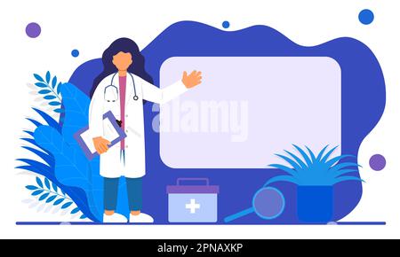 Vector flat illustration of female doctor pointing to whiteboard Stock Vector